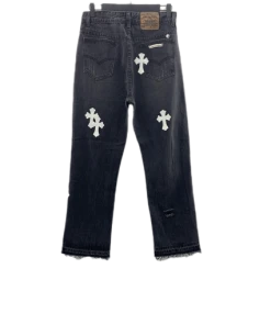 Chrome Heart cross stitched leather jeans